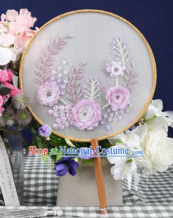 Chinese Traditional Handmade Embroidery Purple Camellia Round Fan Embroidered Palace Fans