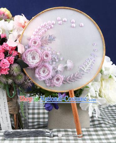 Chinese Traditional Handmade Embroidery Lilac Camellia Round Fan Embroidered Palace Fans