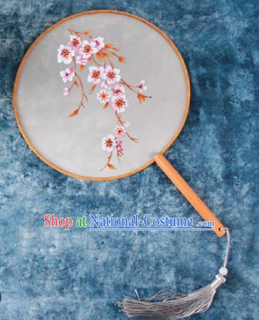 Chinese Traditional Handmade Embroidery Peach Flowers Round Fan Embroidered Palace Fans