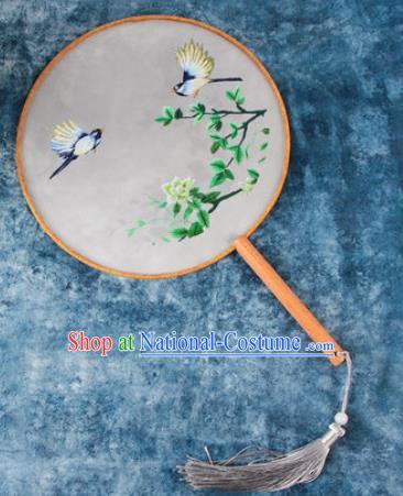 Chinese Traditional Handmade Embroidery Green Flower Round Fan Embroidered Palace Fans