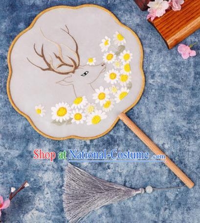 Chinese Traditional Handmade Embroidery Deer Sunflowers Round Fan Embroidered Palace Fans