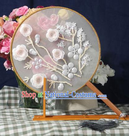 Chinese Traditional Handmade Embroidery White Camellia Round Fan Embroidered Palace Fans