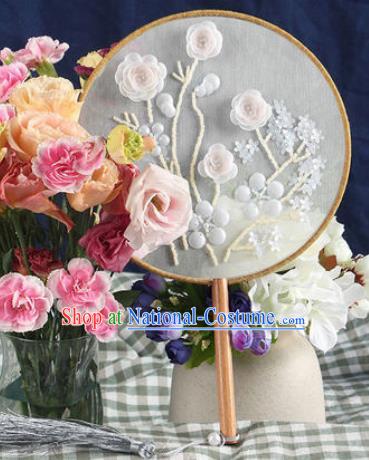 Chinese Traditional Handmade Embroidery White Camellia Round Fan Embroidered Palace Fans