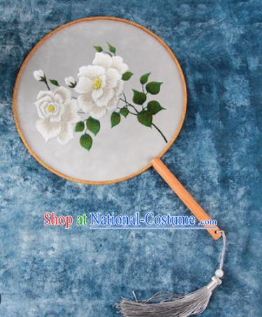 Chinese Traditional Handmade Embroidery White Peony Round Fan Embroidered Palace Fans