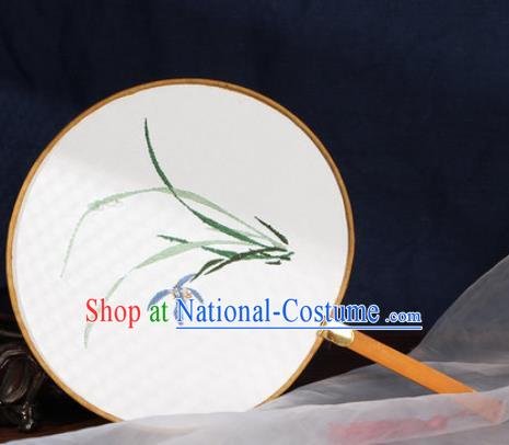 Chinese Traditional Handmade Embroidery Orchid Round Fan Embroidered Palace Fans