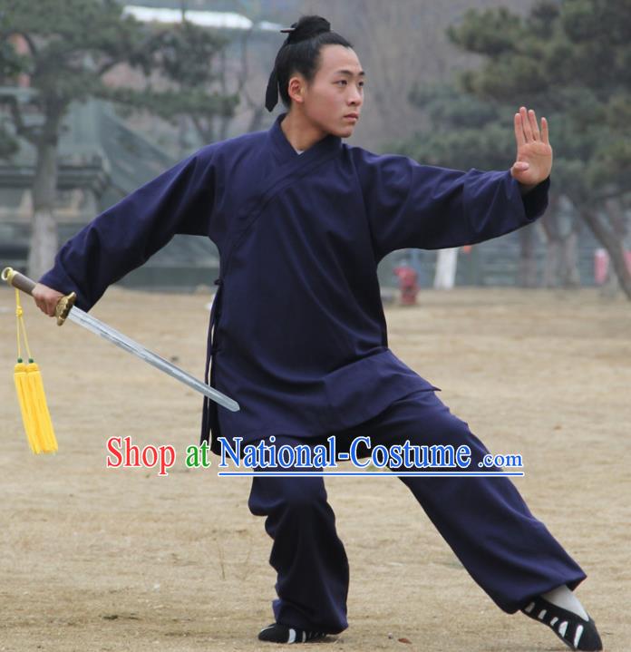 Chinese Traditional Martial Arts Navy Outfits Kung Fu Taoist Priest Tai Chi Costume for Men