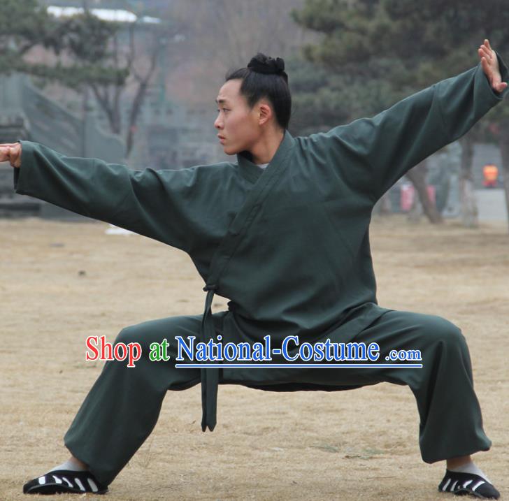 Chinese Traditional Martial Arts Deep Green Outfits Kung Fu Taoist Priest Tai Chi Costume for Men