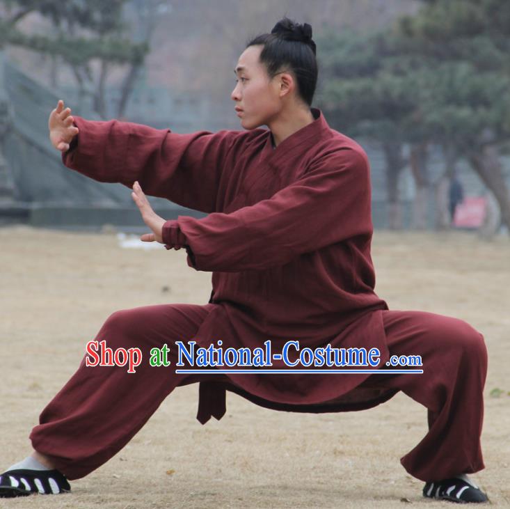 Chinese Traditional Martial Arts Purplish Red Outfits Kung Fu Taoist Priest Tai Chi Costume for Men