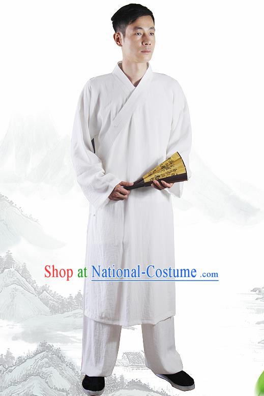 Chinese Traditional Martial Arts White Flax Robe Kung Fu Taoist Priest Tai Chi Costume for Men