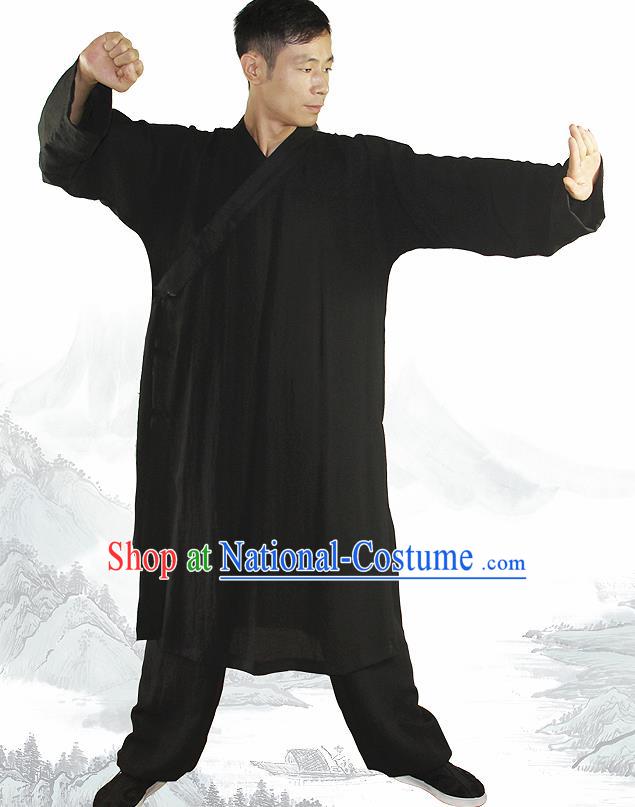 Chinese Traditional Martial Arts Black Flax Robe Kung Fu Taoist Priest Tai Chi Costume for Men