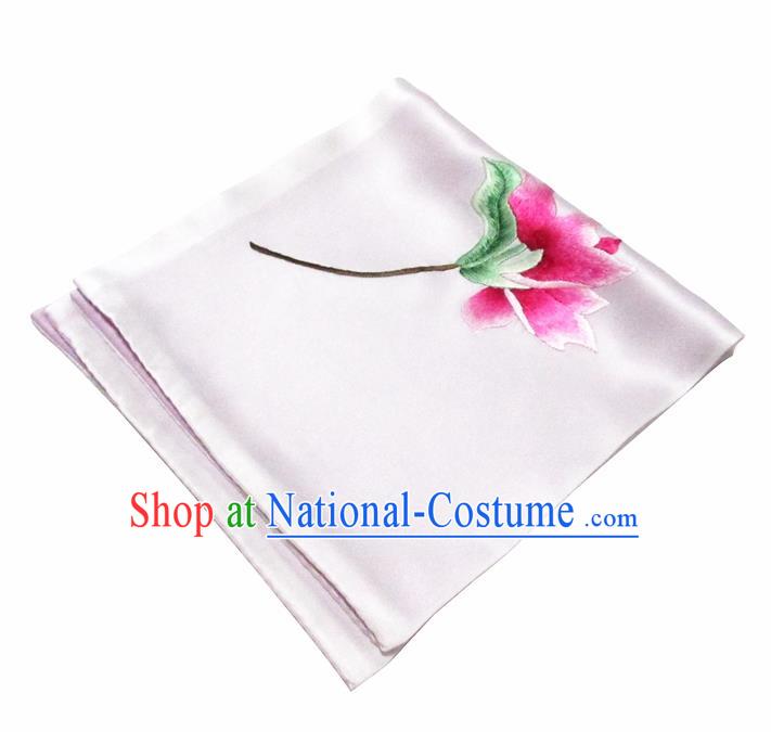 Chinese Traditional Handmade Embroidery Magnolia White Silk Handkerchief Embroidered Hanky Suzhou Embroidery Noserag Craft