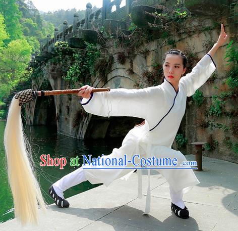 Chinese Traditional Wudang Taoist Nun White Martial Arts Outfits Kung Fu Tai Chi Costume for Women