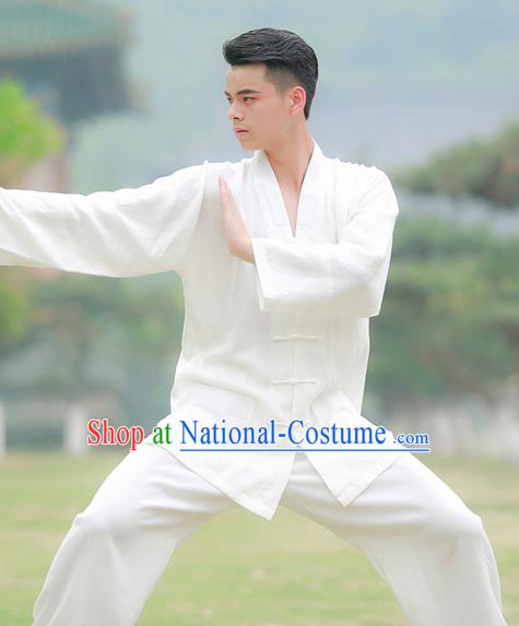 Traditional Chinese Wudang Taoist Priest Kung Fu Tai Chi White Outfits Martial Arts Competition Costume for Men