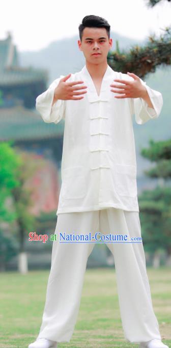 Traditional Chinese Wudang Taoist Priest Kung Fu Tai Chi White Outfits Martial Arts Competition Costume for Men