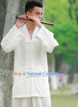 Traditional Chinese Wudang Taoist Priest Kung Fu Tai Chi White Outfits Martial Arts Competition Costume for Men