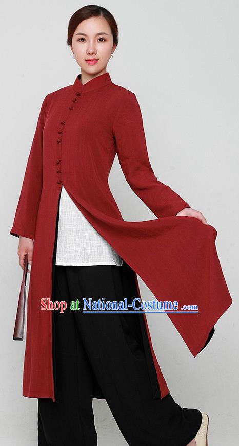 Chinese Traditional Martial Arts Purplish Red Dust Coat Kung Fu Tai Chi Costume for Women