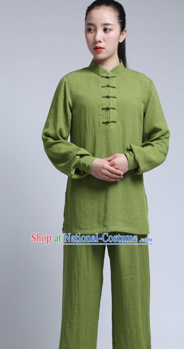 Chinese Traditional Wudang Martial Arts Olive Green Outfits Kung Fu Tai Chi Costume for Women