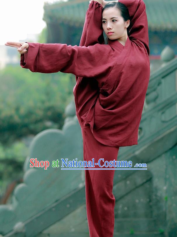 Chinese Traditional Wudang Taoist Priest Martial Arts Purplish Red Outfits Kung Fu Tai Chi Costume for Women