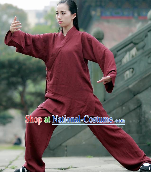 Chinese Traditional Wudang Taoist Priest Martial Arts Purplish Red Outfits Kung Fu Tai Chi Costume for Women