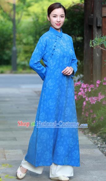 Chinese Traditional Martial Arts Blue Qipao Dress Tang Suit Kung Fu Tai Chi Costume for Women