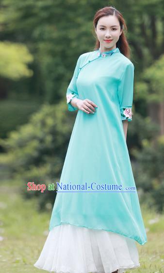 Chinese Traditional Tang Suit Green Silk Qipao Dress Classical Embroidered Cheongsam Costume for Women