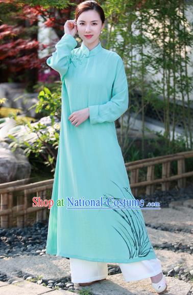 Chinese Traditional Tang Suit Painting Orchid Green Qipao Dress Classical Cheongsam Costume for Women