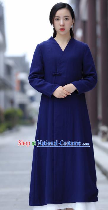 Chinese Traditional Tang Suit Royalblue Flax Dust Coat Classical Overcoat Costume for Women