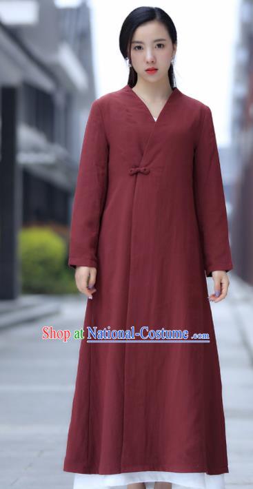 Chinese Traditional Tang Suit Rust Red Flax Dust Coat Classical Overcoat Costume for Women