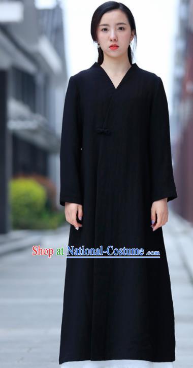 Chinese Traditional Tang Suit Black Flax Dust Coat Classical Overcoat Costume for Women