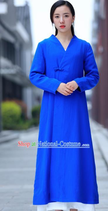 Chinese Traditional Tang Suit Blue Flax Dust Coat Classical Overcoat Costume for Women