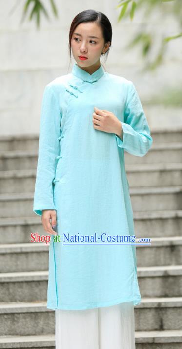 Chinese Traditional Tang Suit Light Blue Flax Qipao Blouse Classical Overcoat Costume for Women