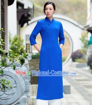 Chinese Traditional Tang Suit Royalblue Qipao Dress Martial Arts Kung Fu Tai Chi Costume for Women