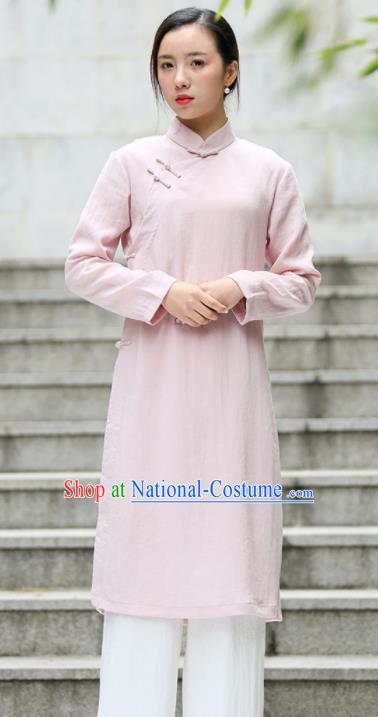 Chinese Traditional Tang Suit Pink Flax Qipao Blouse Classical Overcoat Costume for Women