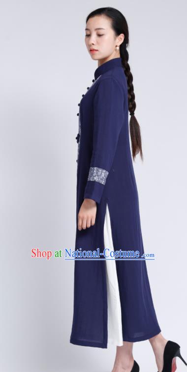 Chinese Traditional Tang Suit Navy Flax Cardigan Classical Overcoat Costume for Women