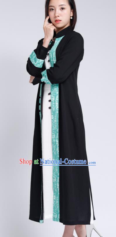 Chinese Traditional Tang Suit Black Flax Cardigan Classical Overcoat Costume for Women