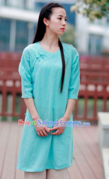 Chinese Traditional Tang Suit Green Flax Blouse Classical Dress Costume for Women