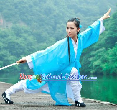 Chinese Traditional Wudang Taoist Nun Martial Arts Blue Outfits Kung Fu Tai Chi Costume for Women