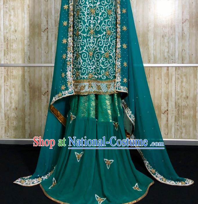 South Asia Pakistan Islam Bride Peacock Green Costumes Traditional Pakistani Hui Nationality Wedding Luxury Embroidered Dress for Women