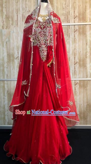 South Asia  Indian Bride Red Costumes Traditional   India Hui Nationality Wedding Luxury Embroidered Dress for Women