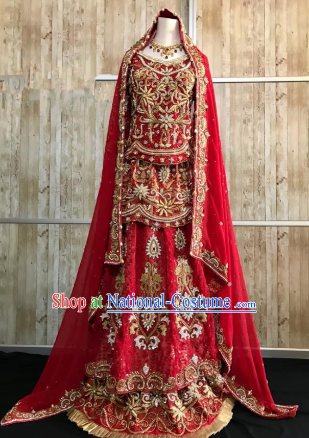 South Asia  Indian Bride Red Dress Traditional   India Hui Nationality Wedding Luxury Embroidered Costumes for Women