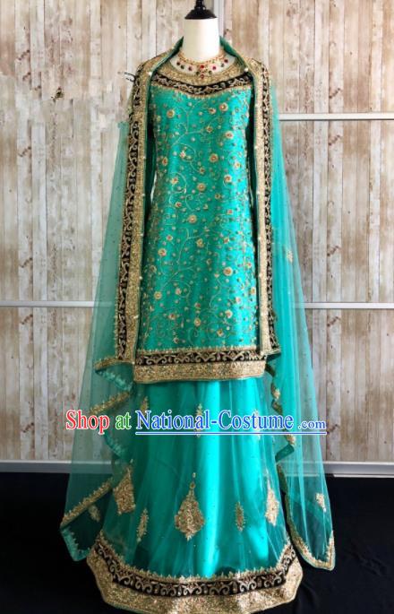 South Asia  Indian Bride Green Dress Traditional   India Hui Nationality Wedding Luxury Embroidered Costumes for Women