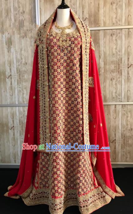 South Asia  Indian Bride Embroidered Red Dress Traditional   India Hui Nationality Wedding Luxury Costumes for Women