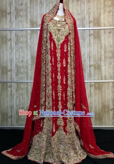 South Asia  Indian Bride Embroidered Wine Red Dress Traditional   India Hui Nationality Wedding Luxury Costumes for Women