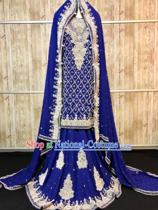 South Asia  Indian Queen Embroidered Royalblue Dress Traditional   India Court Hui Nationality Wedding Costumes for Women