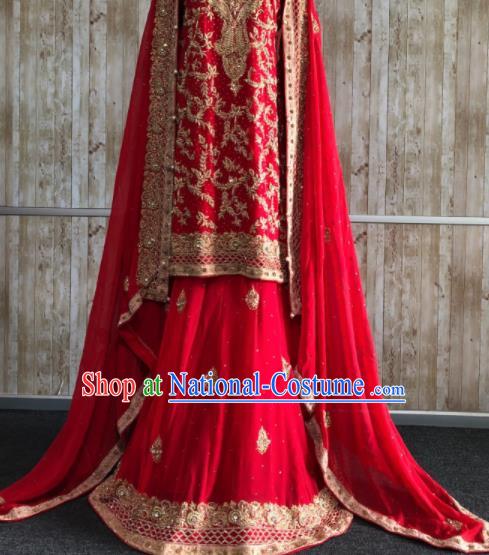 South Asia  Indian Court Queen Embroidered Red Dress Traditional   India Hui Nationality Wedding Costumes for Women