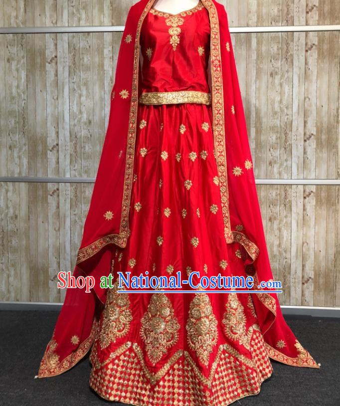 South Asia  Indian Bride Red Embroidered Dress Traditional   India Hui Nationality Wedding Costumes for Women