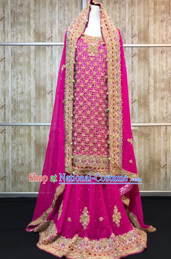 Asian  Indian Court Queen Wedding Embroidered Rosy Dress Traditional   India Hui Nationality Bride Costumes for Women