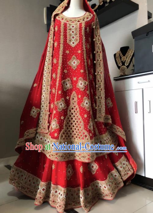 Asian  Indian Court Bride Embroidered Red Wedding Dress Traditional   India Hui Nationality Costumes for Women