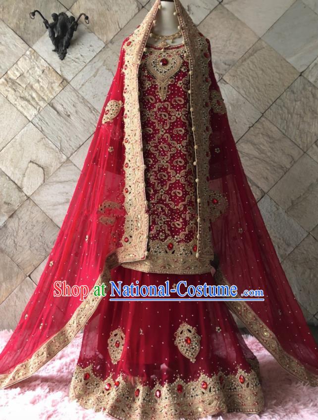 Asian  Indian Court Bride Embroidered Red Veil Wedding Dress Traditional   India Hui Nationality Costumes for Women