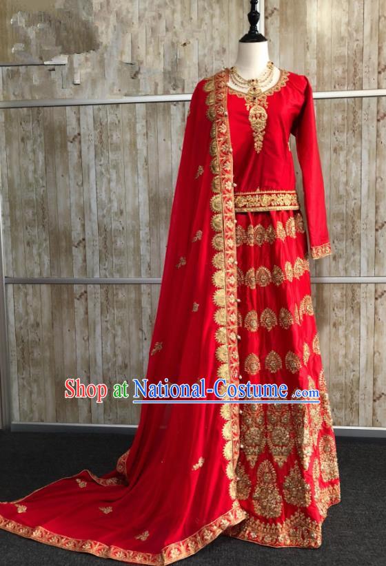 Asian  Indian Court Bride Wedding Red Embroidered Dress Traditional   India Hui Nationality Costumes for Women